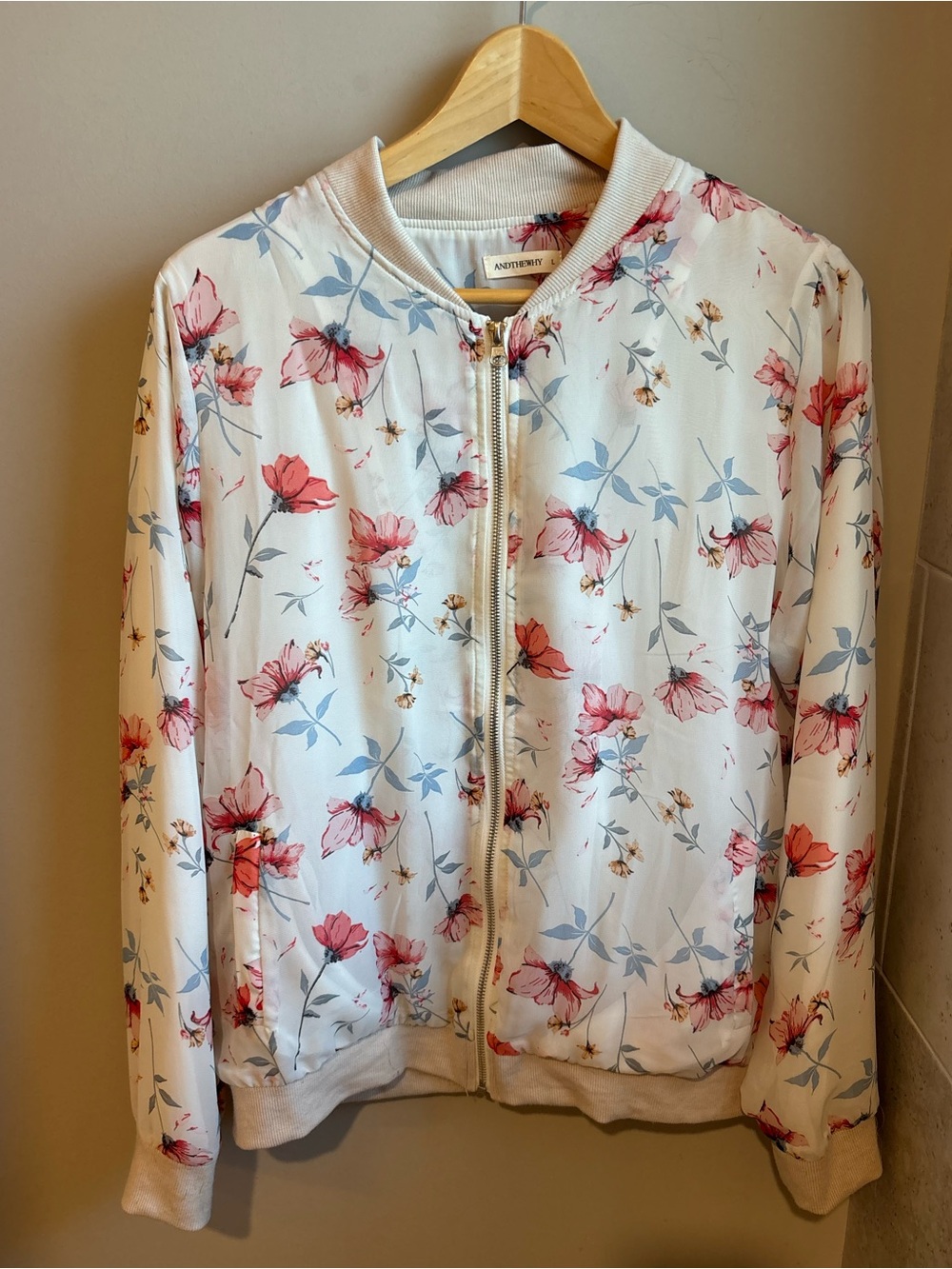 ANDTHEWHY Floral Bomber Jacket - White with Pink Floral